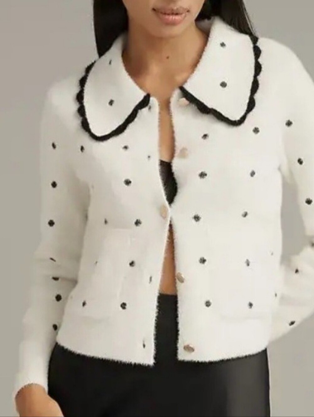 Anthropologie NVTL Dot Cardigan Sweater Scalloped Collar Size Small